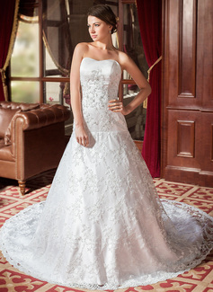 A-Line/Princess Sweetheart Cathedral Train Satin Lace Wedding Dress With Beadwork (002000544)