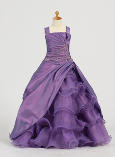 A-Line/Princess Square Neckline Floor-Length Taffeta Organza Flower Girl Dress With Ruffle Lace Beading (010005784)