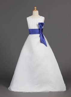 A-Line/Princess Scoop Neck Floor-Length Organza Satin Flower Girl Dress With Sash (010005810)