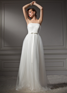 A-Line/Princess Strapless Sweep Train Satin Tulle Wedding Dress With Ruffle (002011544)