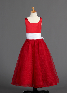 A-Line/Princess Scoop Neck Ankle-Length Satin Tulle Flower Girl Dress With Sash (010005900)