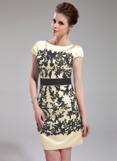 Sheath Scoop Neck Knee-Length Charmeuse Cocktail Dress With Embroidered Sash (016019706)