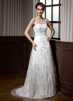 A-Line/Princess Scoop Neck Sweep Train Satin Tulle Wedding Dress With Lace Beadwork (002011451)