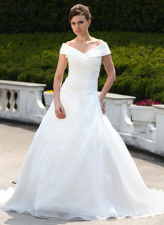 Ball-Gown Off-the-Shoulder Chapel Train Organza Wedding Dress With Ruffle Beadwork (002000599)