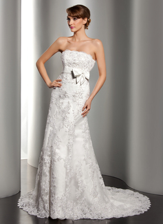 A-Line/Princess Strapless Court Train Satin Lace Wedding Dress With Beadwork Sequins (002012170)