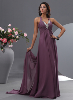 A-Line/Princess V-neck Watteau Train Chiffon Evening Dress With Ruffle Beading (017022755)