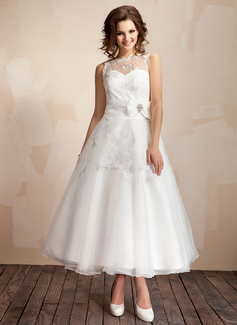 A-Line/Princess Scoop Neck Ankle-Length Taffeta Organza Wedding Dress With Ruffle Lace Crystal Brooch (002012216)