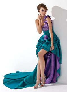 A-Line/Princess One-Shoulder Court Train Taffeta Prom Dress With Ruffle Beading (018021088)