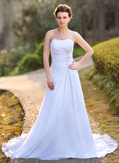 A-Line/Princess Sweetheart Chapel Train Chiffon Satin Wedding Dress With Ruffle Lace Beadwork Sequins (002004588)