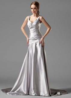 A-Line/Princess V-neck Court Train Charmeuse Evening Dress With Ruffle Crystal Brooch (017004173)