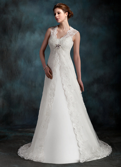 A-Line/Princess Scoop Neck Court Train Tulle Wedding Dress With Ruffle (002001296)