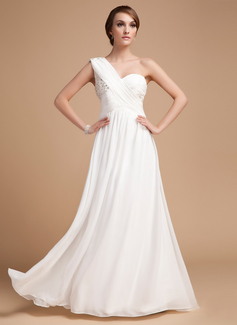 A-Line/Princess One-Shoulder Floor-Length Chiffon Holiday Dress With Ruffle Beading (020014487)