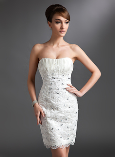 Sheath/Column Sweetheart Knee-Length Satin Lace Wedding Dress With Ruffle Lace Beadwork (002011965)