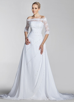 A-Line/Princess Off-the-Shoulder Court Train Chiffon Lace Wedding Dress With Beadwork Sequins (002004524)