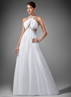 Empire Scoop Neck Sweep Train Chiffon Prom Dress With Ruffle Beading (018002320)