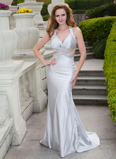 A-Line/Princess V-neck Sweep Train Charmeuse Prom Dress With Beading (018024668)