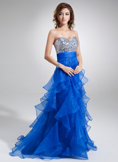A-Line/Princess Sweetheart Floor-Length Organza Sequined Prom Dress With Ruffle (018004862)