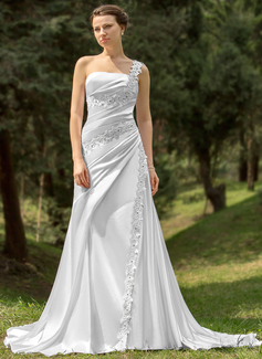A-Line/Princess One-Shoulder Cathedral Train Charmeuse Wedding Dress With Ruffle Lace Beadwork (002000109)