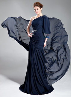 Sheath One-Shoulder Court Train Chiffon Evening Dress With Ruffle Lace Beading (017019762)