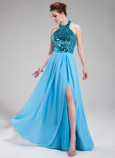 A-Line/Princess Halter Floor-Length Chiffon Sequined Evening Dress (017019745)