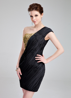 Sheath One-Shoulder Short/Mini Chiffon Sequined Cocktail Dress With Ruffle Beading (016019161)