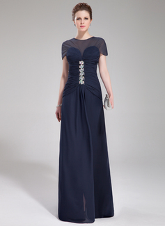 A-Line/Princess Scoop Neck Sweep Train Chiffon Evening Dress With Ruffle Beading (017019449)
