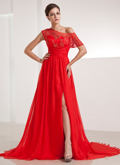 A-Line/Princess Off-the-Shoulder Chapel Train Chiffon Evening Dress With Ruffle Lace (017014210)