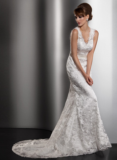 Sheath/Column V-neck Court Train Charmeuse Lace Wedding Dress With Sashes (002013766)