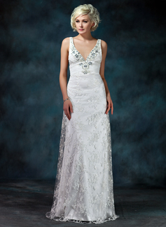 Sheath/Column V-neck Watteau Train Chiffon Tulle Charmeuse Wedding Dress With Ruffle Lace Beadwork (002000229)