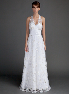 A-Line/Princess Halter Floor-Length Satin Lace Wedding Dress With Ruffle Beadwork (002015721)
