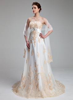 Empire Sweetheart Court Train Satin Tulle Wedding Dress With Lace Crystal Brooch (002011662)