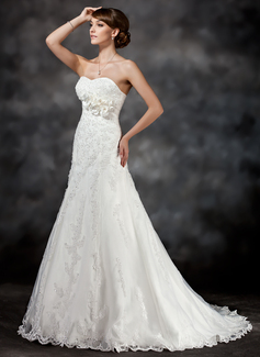 A-Line/Princess Sweetheart Court Train Satin Tulle Wedding Dress With Lace Flower(s) Sequins (002017416)