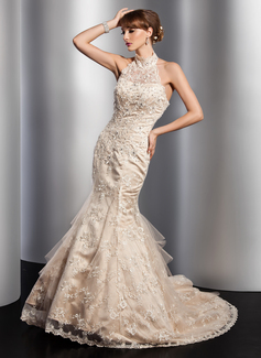 Mermaid High Neck Court Train Satin Tulle Wedding Dress With Lace Beadwork Sequins (002012763)