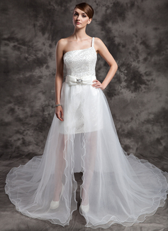 A-Line/Princess One-Shoulder Asymmetrical Satin Tulle Wedding Dress With Beadwork Sequins (002024076)