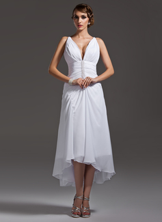 A-Line/Princess V-neck Asymmetrical Chiffon Wedding Dress With Ruffle Beadwork (002004593)