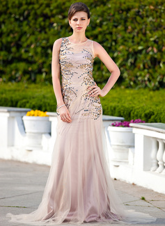 Sheath Scoop Neck Court Train Tulle Charmeuse Mother of the Bride Dress With Ruffle Beading (008024577)