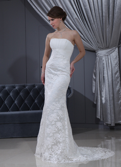 Sheath/Column Strapless Court Train Chiffon Satin Lace Wedding Dress With Ruffle Beadwork (002000193)