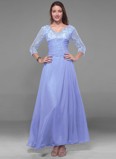 A-Line/Princess V-neck Ankle-Length Chiffon Holiday Dress With Lace Beading (020013056)