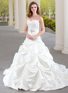 Ball-Gown Sweetheart Chapel Train Satin Wedding Dress With Ruffle Lace Beadwork (002000432)