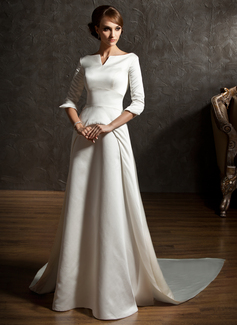 A-Line/Princess Off-the-Shoulder Chapel Train Satin Wedding Dress (002004779)