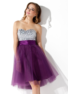 Empire Sweetheart Knee-Length Tulle Charmeuse Cocktail Dress With Beading (016013814)