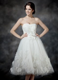 A-Line/Princess Sweetheart Tea-Length Satin Tulle Wedding Dress With Ruffle Lace Beadwork Flower(s) (002017203)