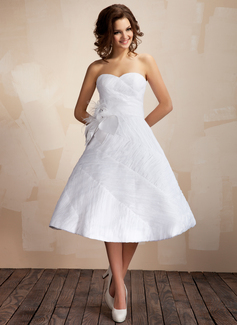 Ball-Gown Sweetheart Tea-Length Taffeta Organza Wedding Dress With Ruffle Feather Flower(s) (002012097)