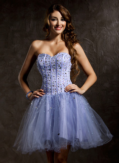 A-Line/Princess Sweetheart Short/Mini Satin Tulle Homecoming Dress With Beading Sequins (022008121)