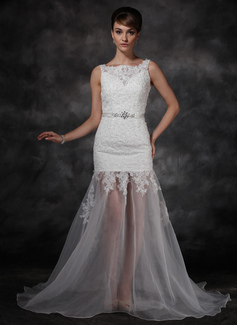 A-Line/Princess Sweep Train Organza Satin Wedding Dress With Lace Beadwork Sequins (002011595)