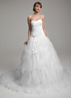Ball-Gown Sweetheart Chapel Train Taffeta Tulle Wedding Dress With Ruffle Flower(s) (002017552)