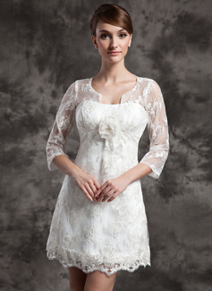 A-Line/Princess Scoop Neck Short/Mini Charmeuse Lace Wedding Dress With Flower(s) (002014998)