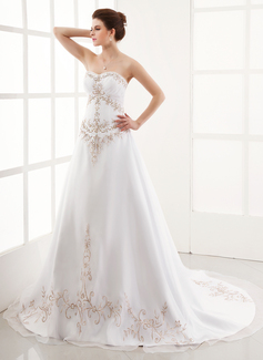 A-Line/Princess Sweetheart Court Train Organza Satin Wedding Dress With Embroidery Ruffle Beadwork (002001167)