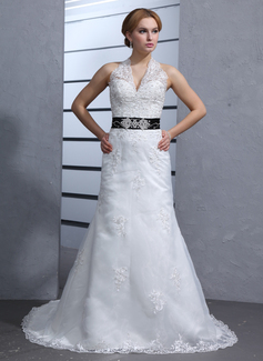 A-Line/Princess Halter Chapel Train Satin Tulle Wedding Dress With Lace Sashes Beadwork (002000084)