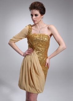Sheath One-Shoulder Short/Mini Chiffon Sequined Cocktail Dress With Ruffle (016021230)
